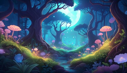 Wall Mural -  A mystical forest bathed in the light of a full moon, with glowing plants