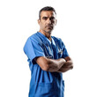 © Ketanoff - Healthcare, profession and medicine concept - happy smiling doctor or male nurse in blue uniform with stethoscope. Transparent background or PNG file