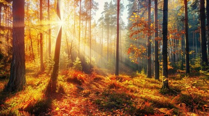 Canvas Print - Autumn Forest with Sunny Weather and Fallen Leaves