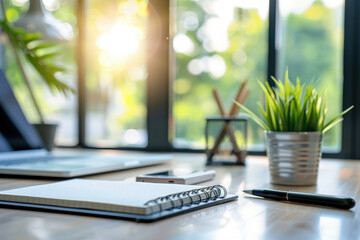 Poster - Open notebook with a pen laying on a desk is waiting for a business professional to begin working