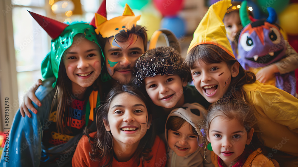People wearing colorful costumes with hats and balloons, celebrating a ...
