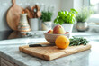 © Alexandra - Modern kitchen scene featuring a lemon, rosemary sprig and bowl of peaches on a cutting board