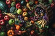 © Tin - A vibrant, rustic still life of various fruits and vegetables in a wicker basket and spread across a wooden surface, showcasing autumn produce.