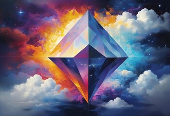 Poster - Cosmic Collision: Interlocking Geometric Forms in a Vibrant Abstract Landscape