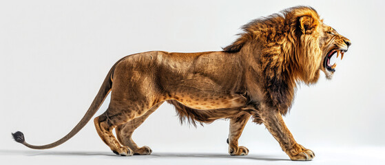 Wall Mural - full body of of male lion with angry and aggressive roaring view from side isolated on white background