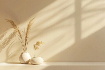 Poster - Beige background with soft shadow and light, minimal studio room for product display presentation or mock up in the style of beige color