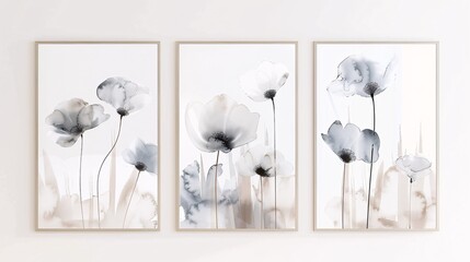 Fototapete - Three modern abstract art posters with a minimalistic approach, hung in a row on a white wall. The posters display ethereal watercolor flowers in a monochromatic palette of grays and whites, creating