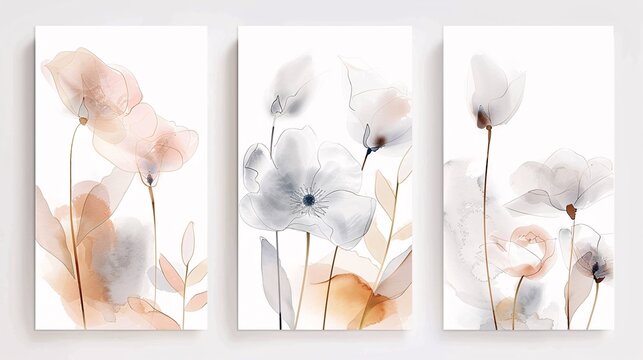 A set of three modern minimalistic abstract art posters with watercolor flower designs, displayed side by side on a white wall. Each poster includes delicate floral motifs with subtle watercolor