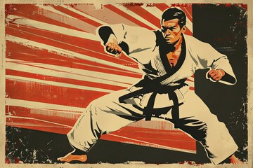 A judo fighter in a white gi and black belt is shown in a dynamic fighting pose against a red and white striped background. Generative AI