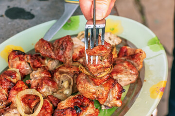 Wall Mural - Cooked kebabs on the grill with smoke. Fresh brown BBQ meat cooked on an outdoor grill