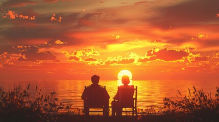 Sticker - Silhouette of Couple Sitting At the Beach At Sunset