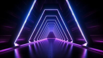 Canvas Print - Futuristic Neon Tunnel with Symmetrical Geometric Light Installation