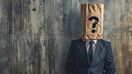 Wall Mural - Businessman wearing paper bag on head with a question mark concept
