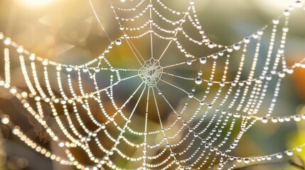 Glistening Spider Web: Macro Close-Up of Morning Dew on Intricate Silk Threads
