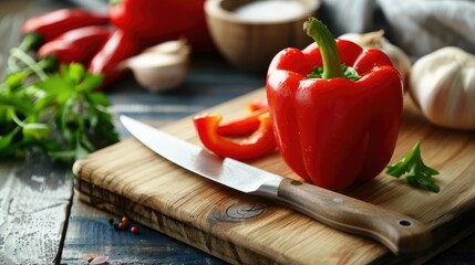 Canvas Print - Red bell pepper and knife on cutting board for healthy meal preparation