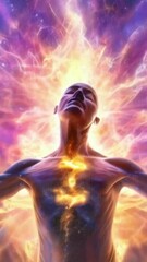 Wall Mural - silhuette of a man spirit on galaxy space background, colorful energy flow, 4k 9x16 vertical new qua
