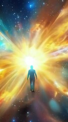 Wall Mural - silhuette of a man spirit on galaxy space background, colorful energy flow, 4k 9x16 vertical new qua