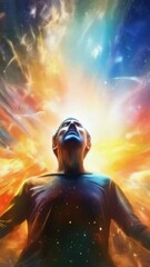 Wall Mural - silhuette of a man spirit on galaxy space background, colorful energy flow, 4k 9x16 vertical new quality colorful stock video footage wallpaper AI