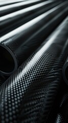 Poster - Close-up view of black pipes with unique dot patterns arranged diagonally. Various sizes and shapes add texture to smooth surfaces. Blurred background focuses on intriguing objects. Carbon fiber