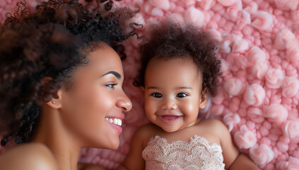 a mother and baby playing together on a soft carpet, smiling at each other, against a solid pink bac