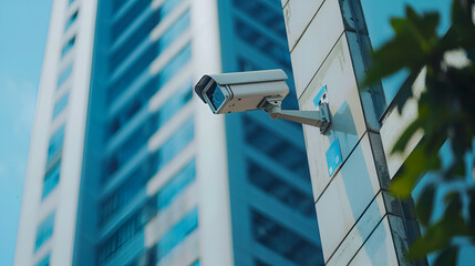 Security camera on modern building. Professional surveillance cameras. CCTV on the wall in the city. Security system, technology. Video equipment for safety system area control outdoor
