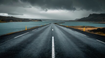 Diminishing perspective of asphalt empty roadway with road markings passing through scenic lake against sky in iceland. 