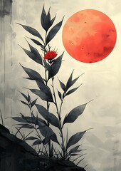 Wall Mural - A painting of a flower with a red sun in the background. The flower is surrounded by a black and white background. The painting has a serene and peaceful mood, with the flower