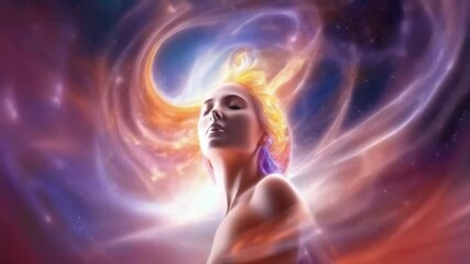 Wall Mural - woman spirit on galaxy space background, colorful energy flow, 4k new quality colorful stock video f
