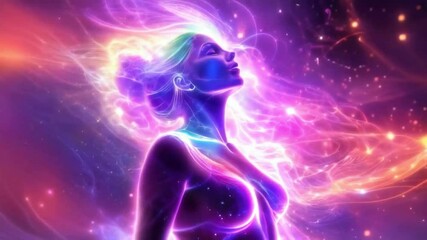 Wall Mural - woman spirit on galaxy space background, colorful energy flow, 4k new quality colorful stock video f