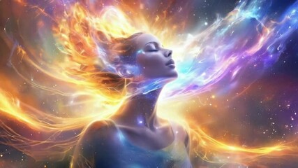 Wall Mural - woman spirit on galaxy space background, colorful energy flow, 4k new quality colorful stock video f