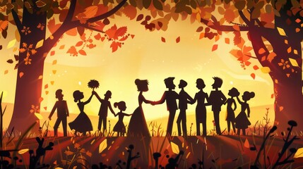 Wall Mural - Silhouette of wedding celebration in the sunset