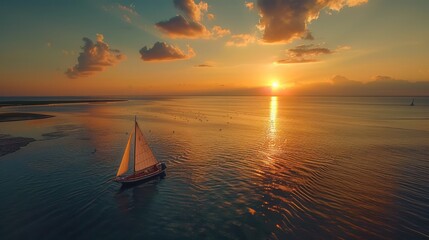 Canvas Print - boat with white sails in the setting sun