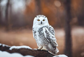 Wall Mural - ai generated illustration of a snowy owl perched on a snow-covered branch in a forest