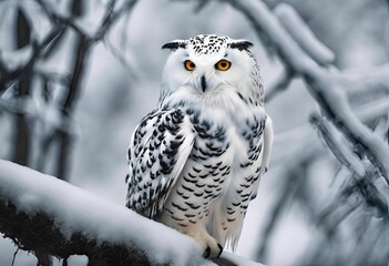 Wall Mural - ai generated illustration of a snowy owl perched on a snow-covered branch in a winter forest