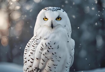 Wall Mural - ai generated illustration of a snowy owl with yellow eyes in a snowy forest background