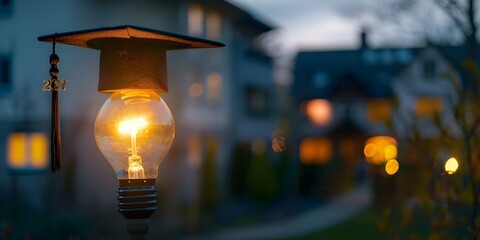 Wall Mural - closeup of light bulb wearing graduation hat against blurred housing sector backdrop. concept closeu