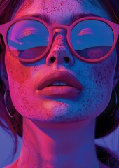 Wall Mural - A woman with a blue and pink face and glasses