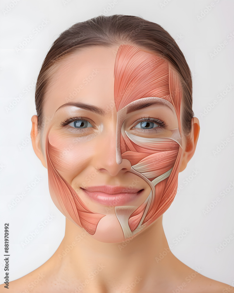 Frontal view of a young woman smiling, half of his face showing ...