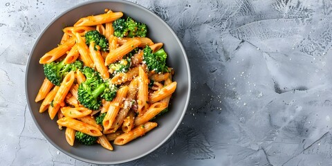 Wall Mural - Chefprepared vegan red lentil pasta with broccoli served in a gray bowl. Concept Food Photography, Vegan Recipes, Pasta Dishes, Plant-Based Meals, Culinary Creations