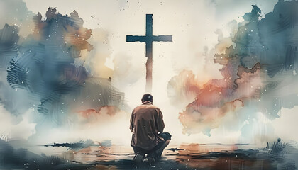 Wall Mural - Man kneeling and praying in front of the cross. Digital watercolor painting.