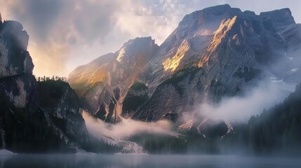 Wall Mural - Misty morning at Lake Braies in Italy's Dolomites mountains. The sunlight shines on the mountain peaks, creating a stunning landscape.