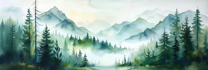 Wall Mural - misty mountain landscape watercolor painting