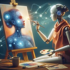 Wall Mural - Robot artist painting a picture on a canvas, AI technology create generative art. Bot making image.