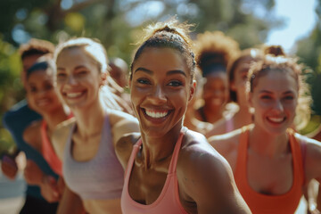 Group of fit young people smiling and posing together outdoors after a successful workout session at the park