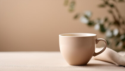 Beige ceramic cup against beige backdrop. Drink ware. Mug for hot beverage. Mock-up.