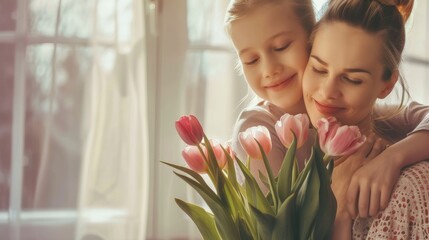 Little daughter hugs mother and gives tulip bouquet at home Happy Mother's Day concept