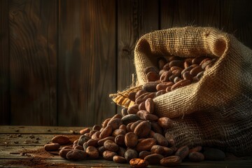 Wall Mural - artful still life of a burlap sack spilling rich cocoa beans warm lighting accentuating textures against a rustic wooden table