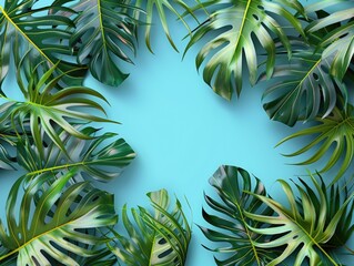 tropical leaves on blue background