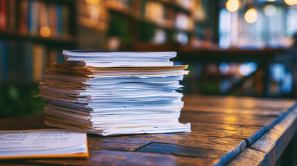 Sticker - Stack of papers and documents on wooden table in a library setting