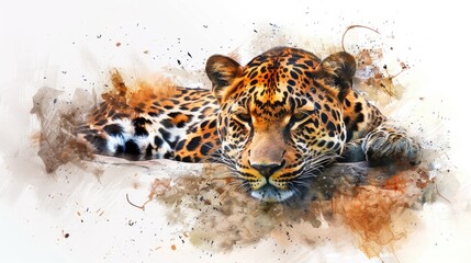 Poster - A close-up view of a leopard relaxing on the ground, with its fur and paws visible